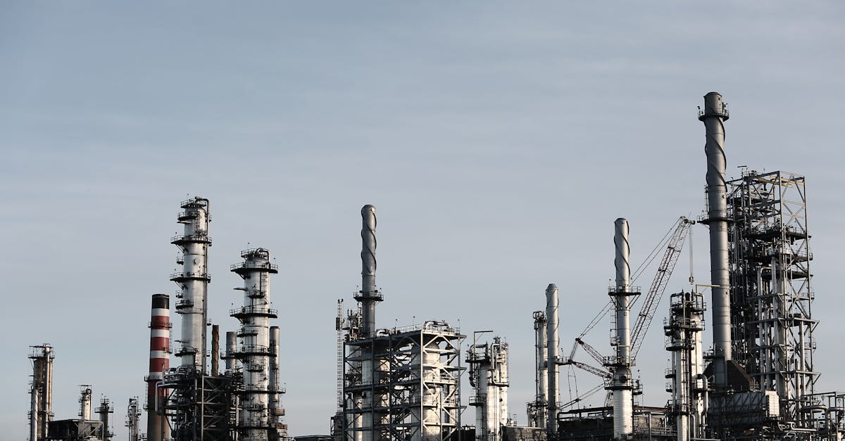 Skyline view of an industrial factory with tall chimneys against a clear sky.